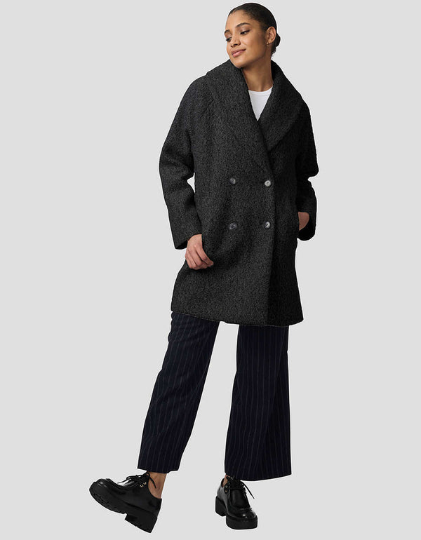 womens thigh-length oversized wool coat with fuzzy fabric and double-breasted design. Offers luxurious warmth and functionality, ideal for outdoor adventures with chic style.