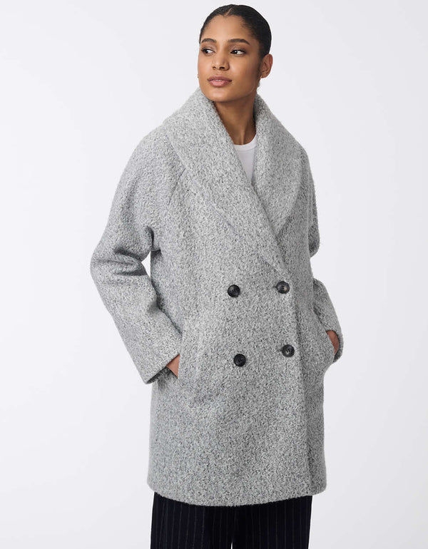 fuzzy and warm heather grey wool coat with double breasted enclosure and two pockets for women