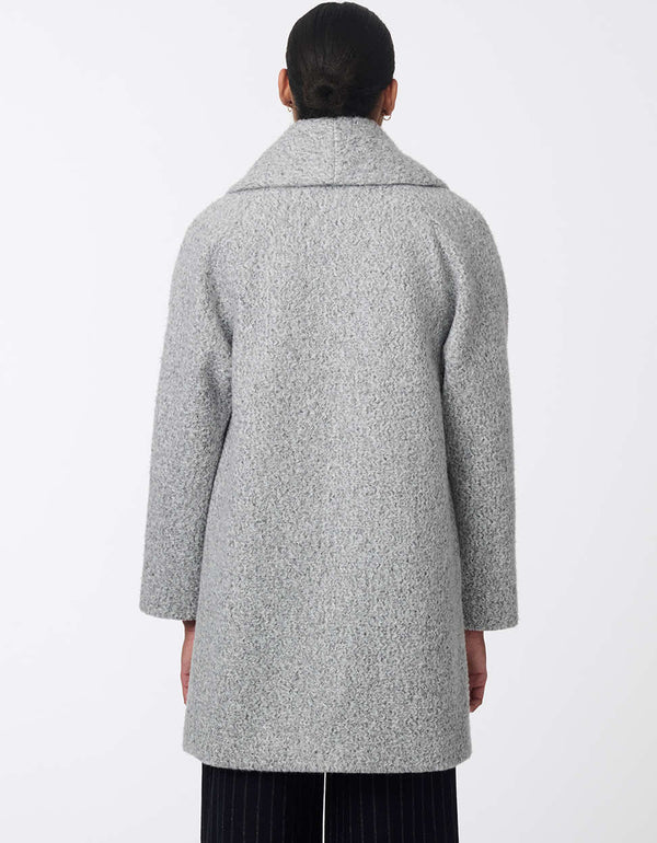 luxe heather grey double breasted coat made from fuzzy wool fabric for women during cold months