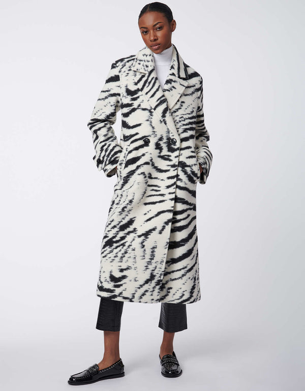 all over print zebra pattern below the knee jacket for women in a slimmer cut lined with recycled fabrics