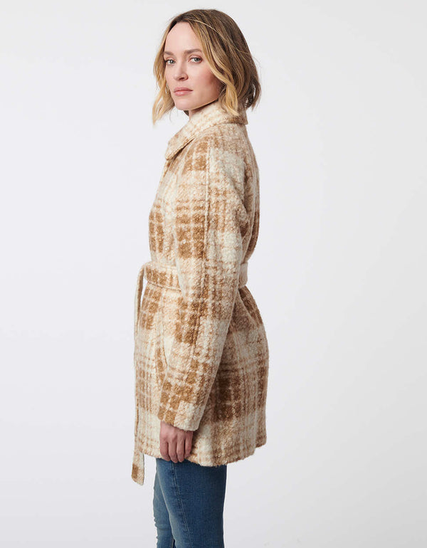 straight classic cut jacket made from wool polyester in brown and cream plaid print for women