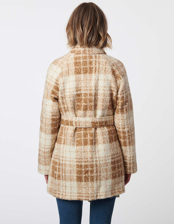 hip length plaid print wool jacket with an adjustable belt and bold oversized collar for women