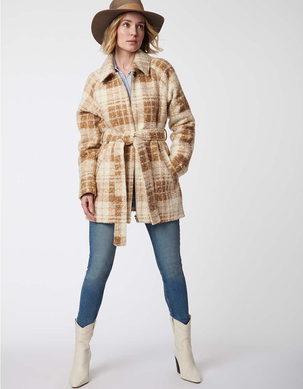 plaid print cream and brown colored zip up wool jacket with a built in adjustable belt for women