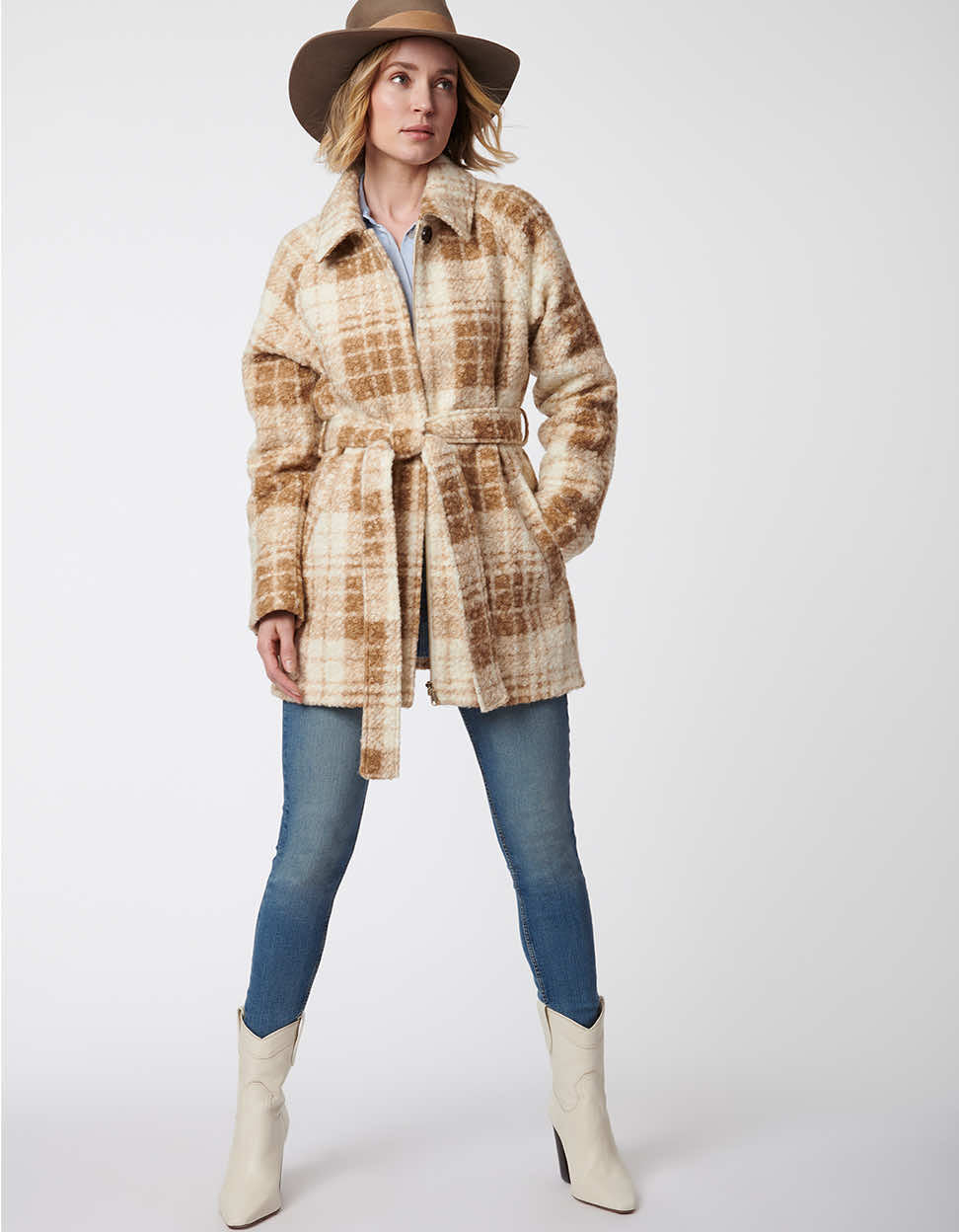 Bernardo Women's Plaid Wool Long newest Coat in Blue. Brown. Cream Lord & Taylor