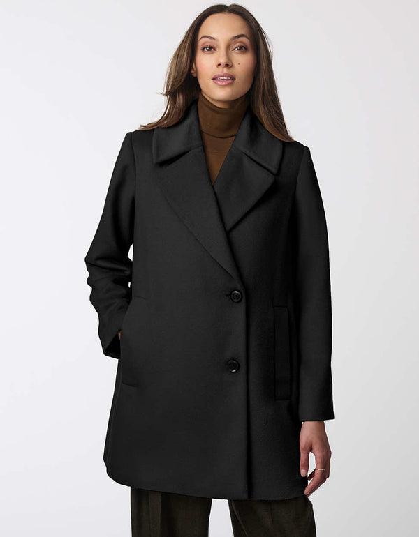 black double buttoned sleek wool coat for women with oversized lapels and classic features