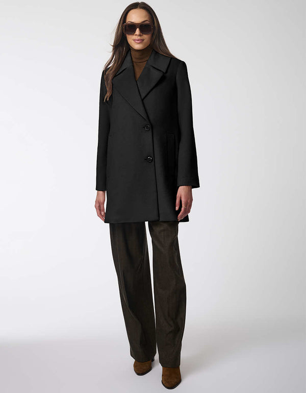 classy and elegant womens coat in a black color way with oversized lapels for a modern twist on a classic piece