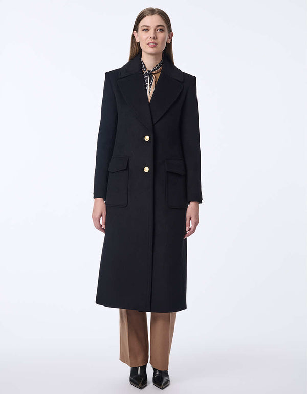 refined black cascade wool coat with patch pockets and a sleek semi fitted cut perfect for versatile styling in winter