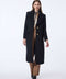 classic black wool coat with calf length cut and patch pockets ideal for adding sophistication to everyday outfits