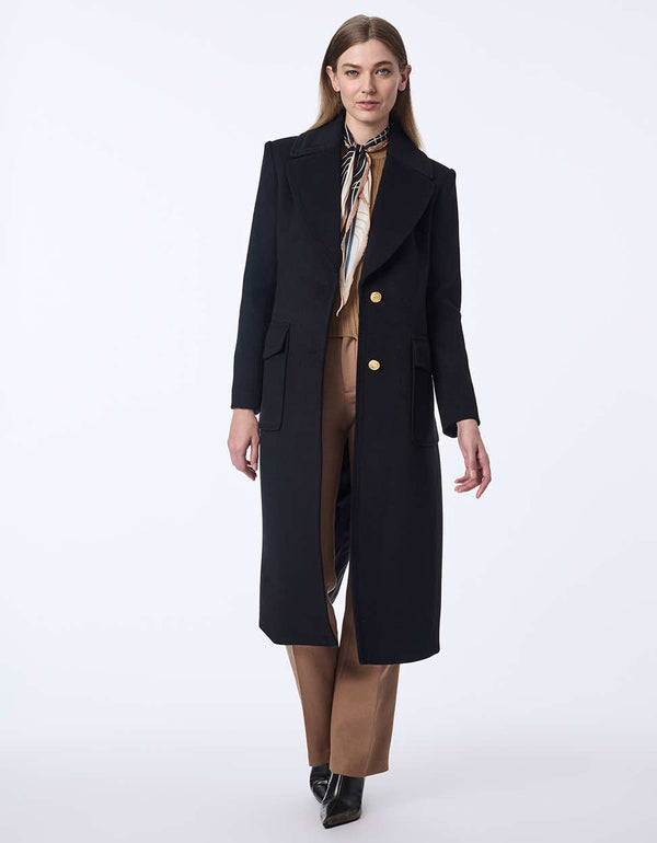 classic black wool coat with calf length cut and patch pockets ideal for adding sophistication to everyday outfits