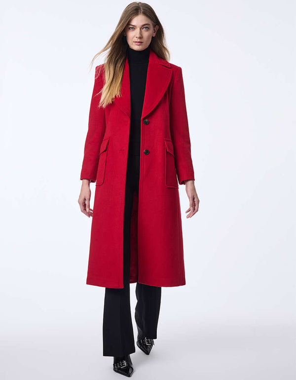 classic red wool coat with calf length design and patch pockets perfect for adding a pop of color to your wardrobe