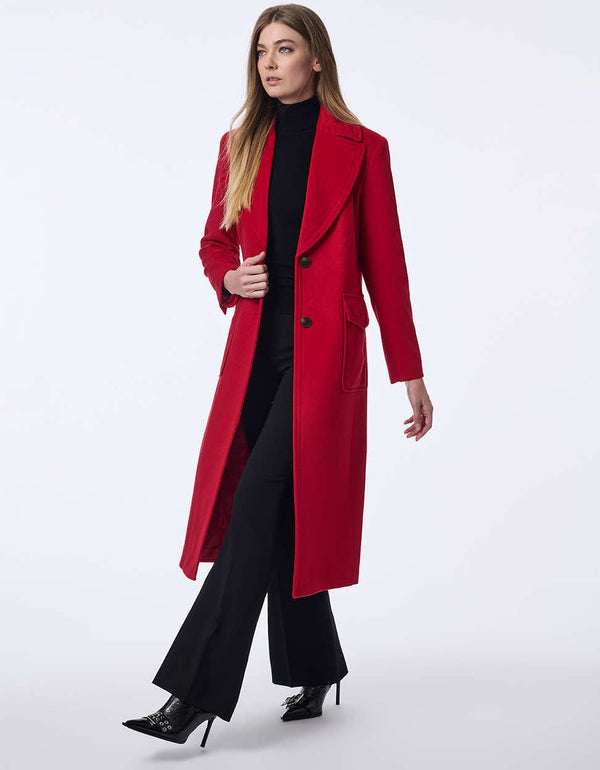 striking womens red wool coat with patch pockets and a calf length cut for a statement making winter look