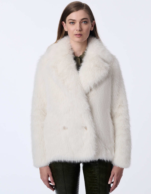 womens cream jacket made from soft faux fur with a relaxed fit and warm design for elegant layering