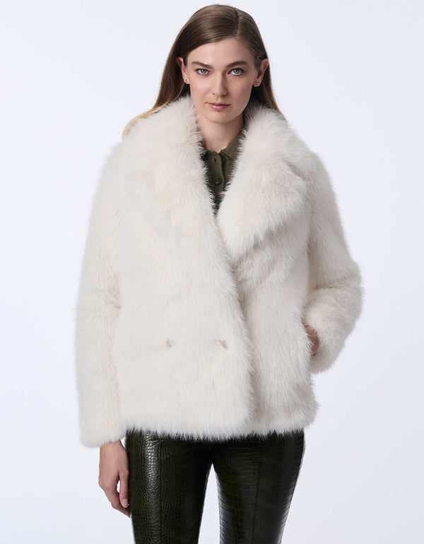 women's hip-length faux fur jacket with large lapels. Statement style for day or night.