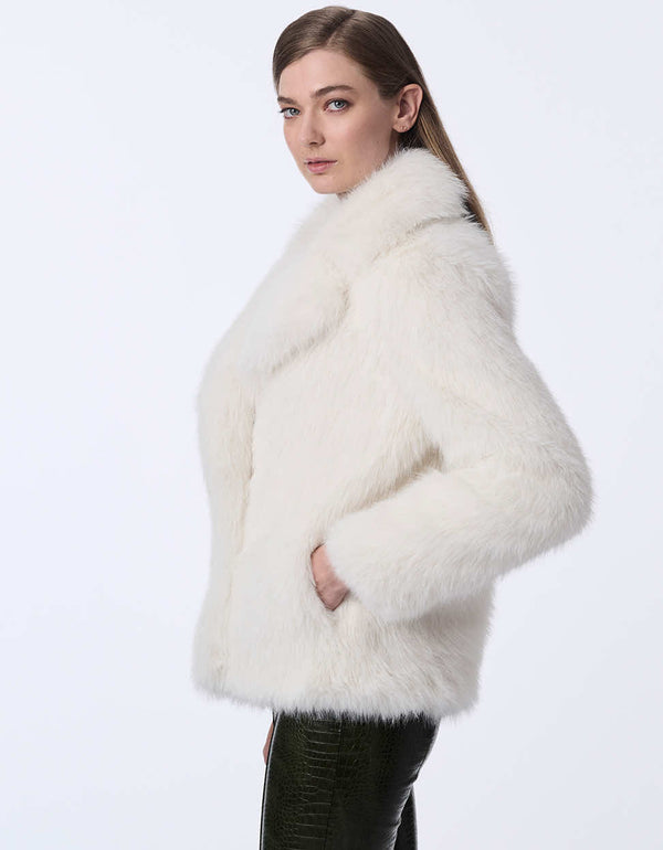 women's hip-length faux fur jacket with large lapels. Statement style for day or night.