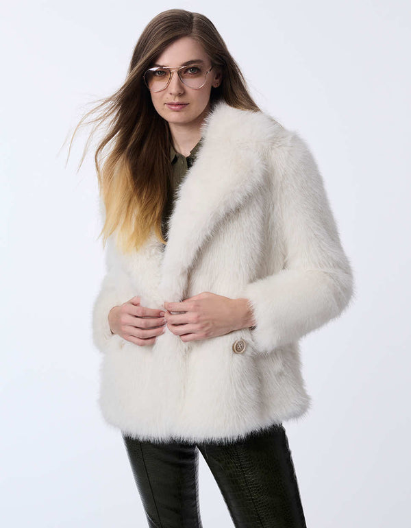 plush faux fur jacket in a warm cream shade with large lapels and a sleek hip length silhouette