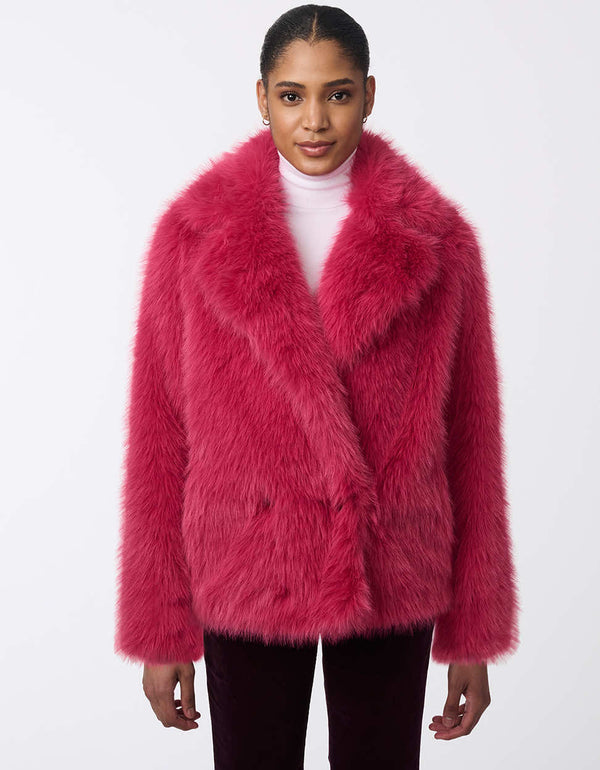 pink faux fur coat featuring a soft texture and relaxed shape perfect for stylish casual outfits