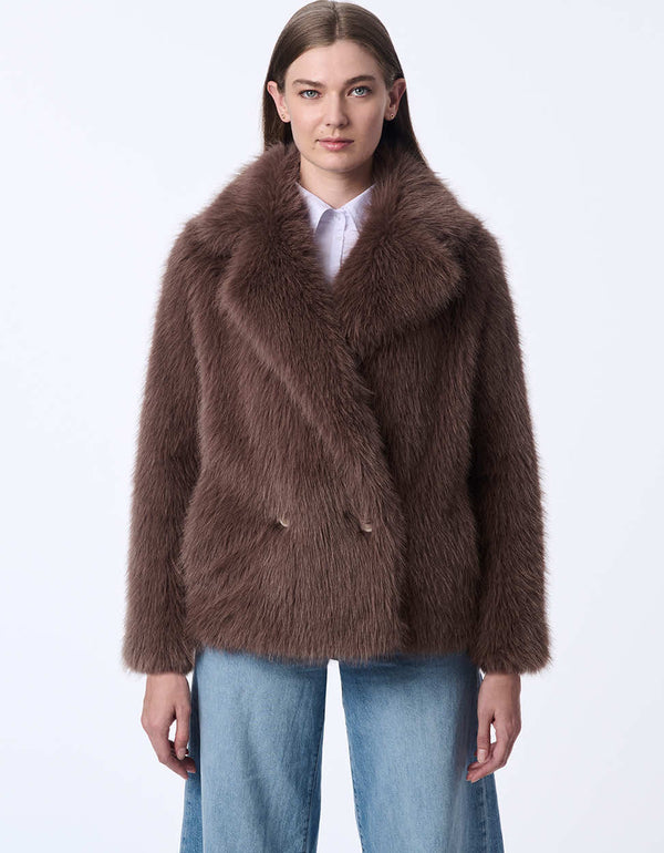 taupe coat in faux fur with a hip length silhouette blending practicality and understated chic