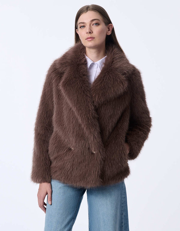 taupe faux fur coat featuring warm tones and an elegant fit designed for timeless appeal