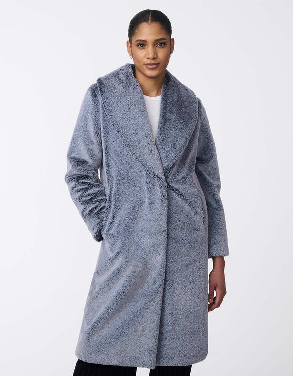 womens grey faux fur coat with a plush texture thigh length design and oversized fit for a chic cold weather outfit