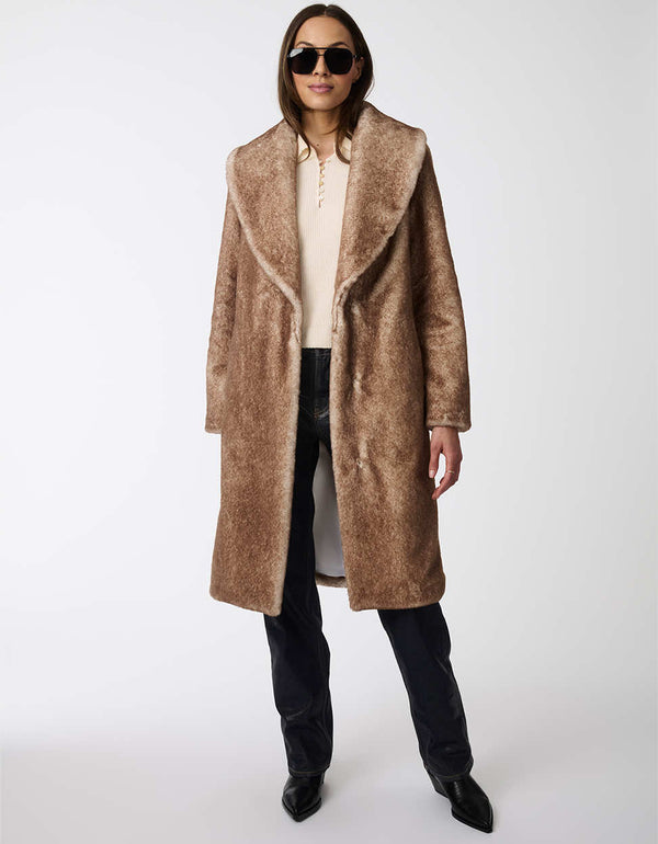 tan vegan fur coat offering warm insulation with a relaxed silhouette and plush feel perfect for cold weather looks