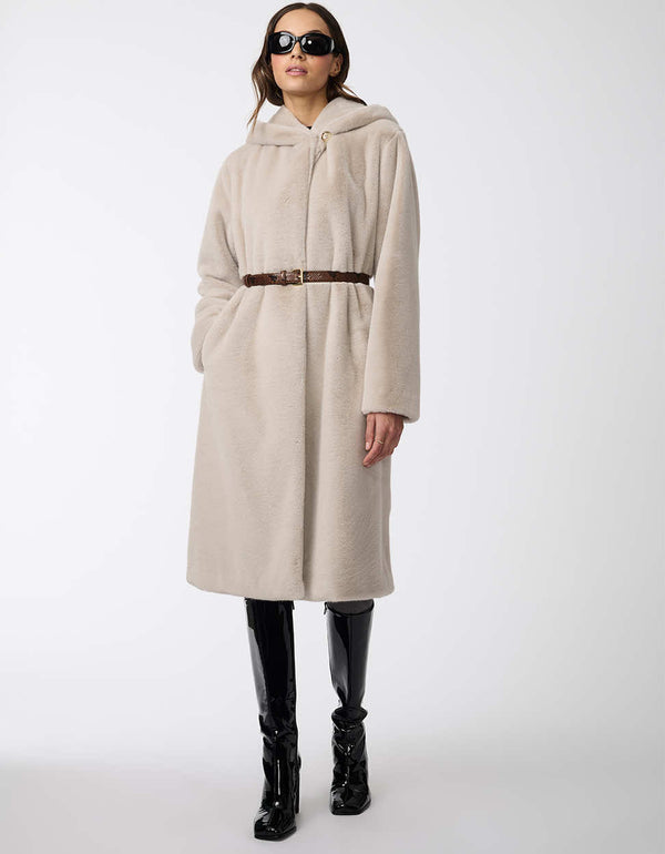 single button enclosure cozy faux fur coat in an oversized silhouette for the woman on the go