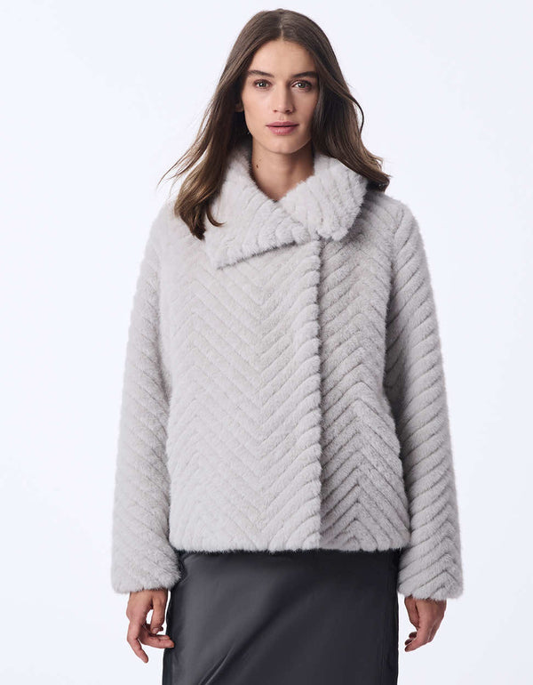 chevron womens plush faux fur jacket. Hip-length for a sophisticated elegant style.