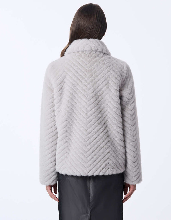 chevron womens plush faux fur jacket. Hip-length for a sophisticated elegant style.