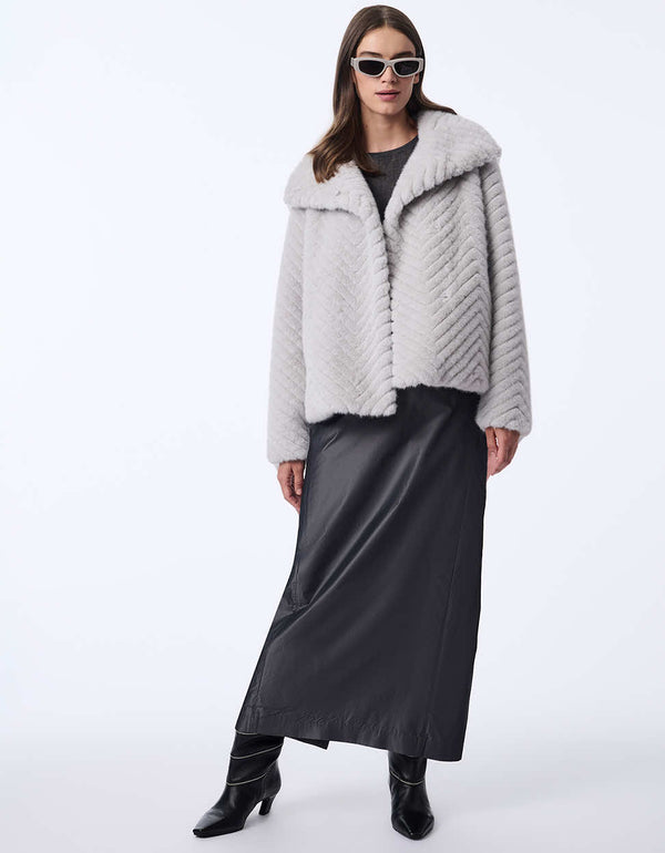 chevron womens plush faux fur jacket. Hip-length for a sophisticated elegant style.