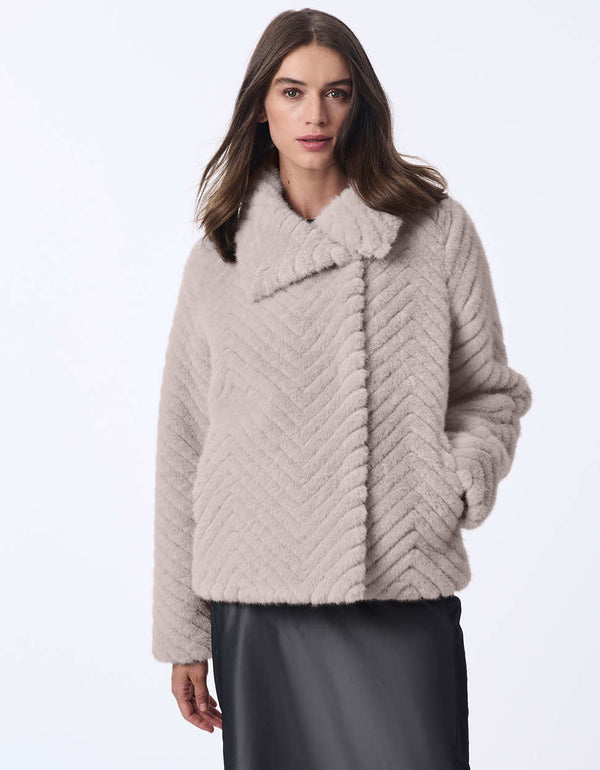 womens grey faux fur coat with classic fit oversized collar and wide sleeves for a dramatic stylish look