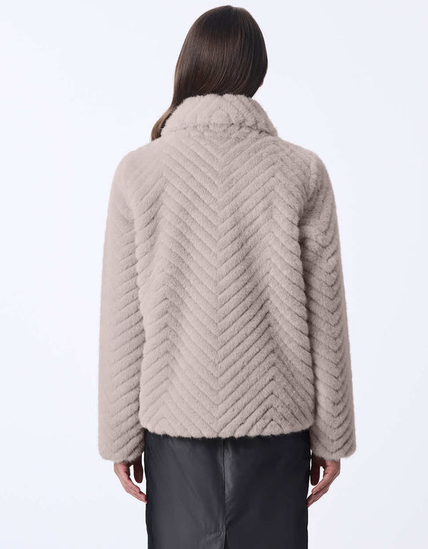 womens grey faux fur coat with classic fit oversized collar and wide sleeves for a dramatic stylish look