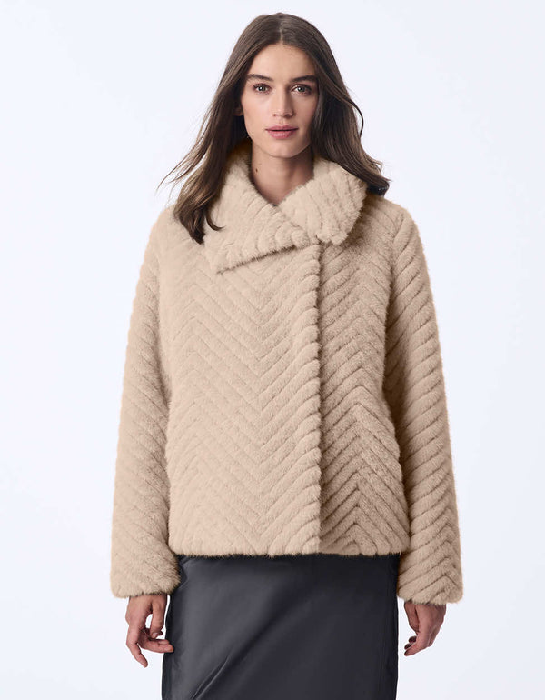 Chevron womens plush faux fur jacket. Hip-length for a sophisticated elegant style.