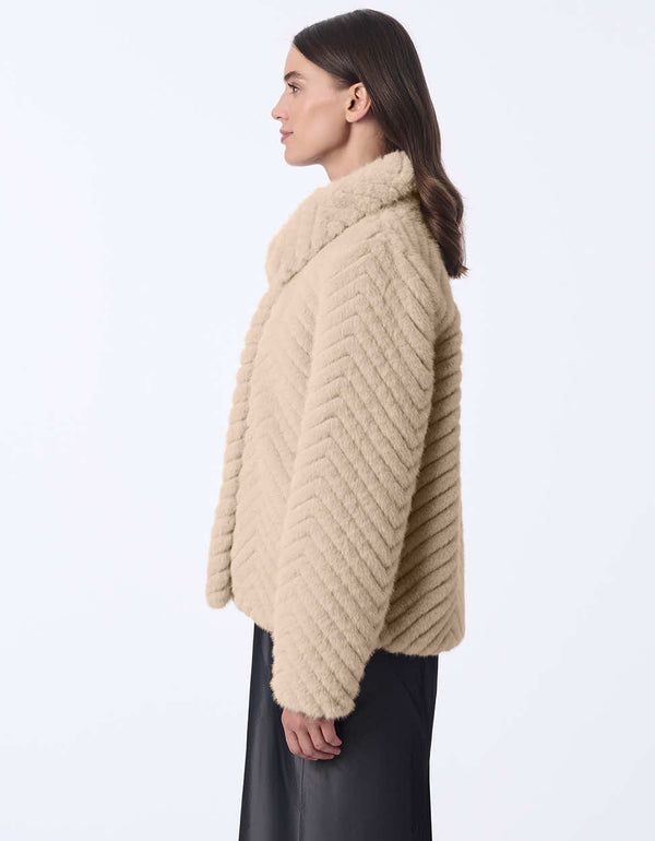 Chevron womens plush faux fur jacket. Hip-length for a sophisticated elegant style.