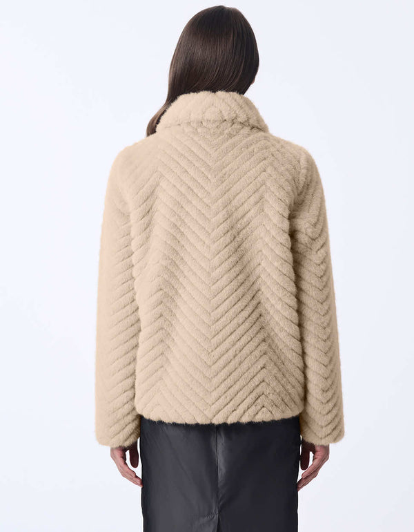 Chevron womens plush faux fur jacket. Hip-length for a sophisticated elegant style.