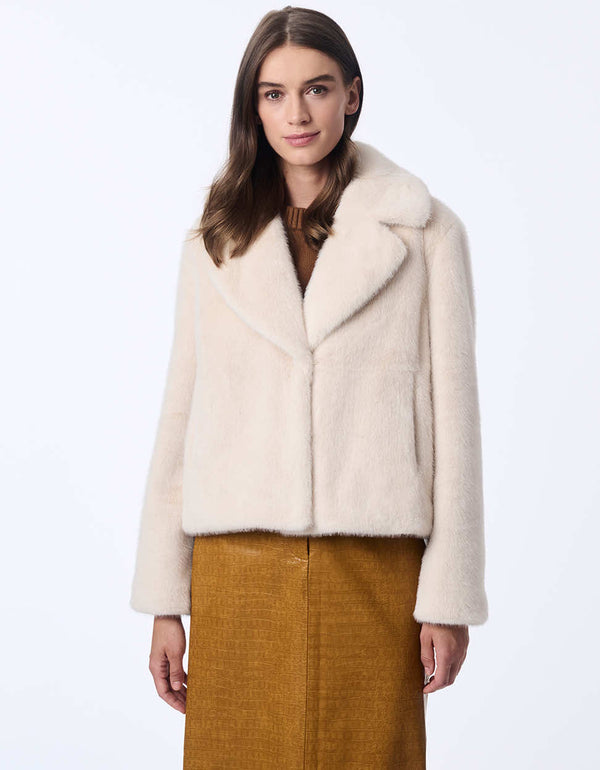 luxe faux fur coat with a plush feel and modern lapels ideal for dressing up casual looks in colder weather