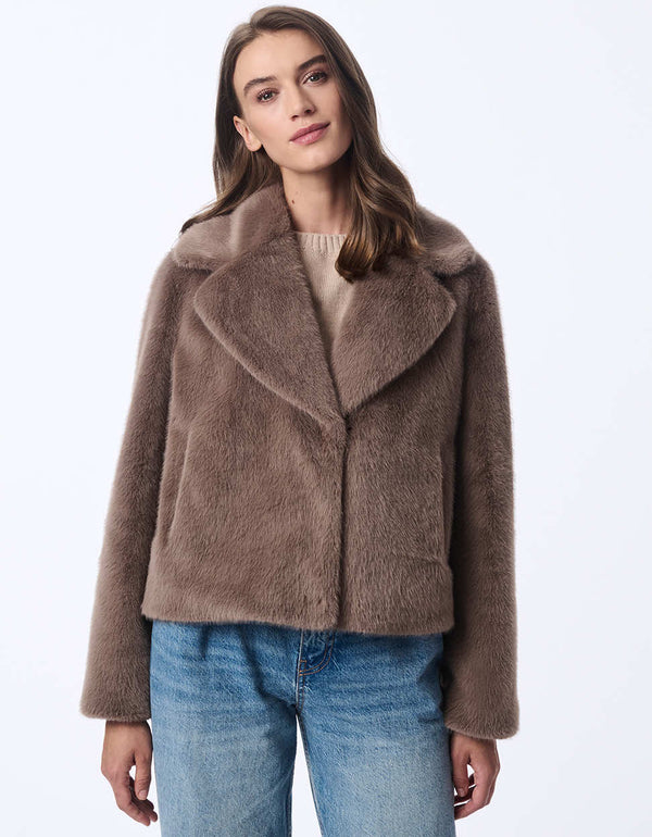 refined womens plush taupe faux fur coat with classic fit and bold lapels ideal for adding elegance to everyday wear