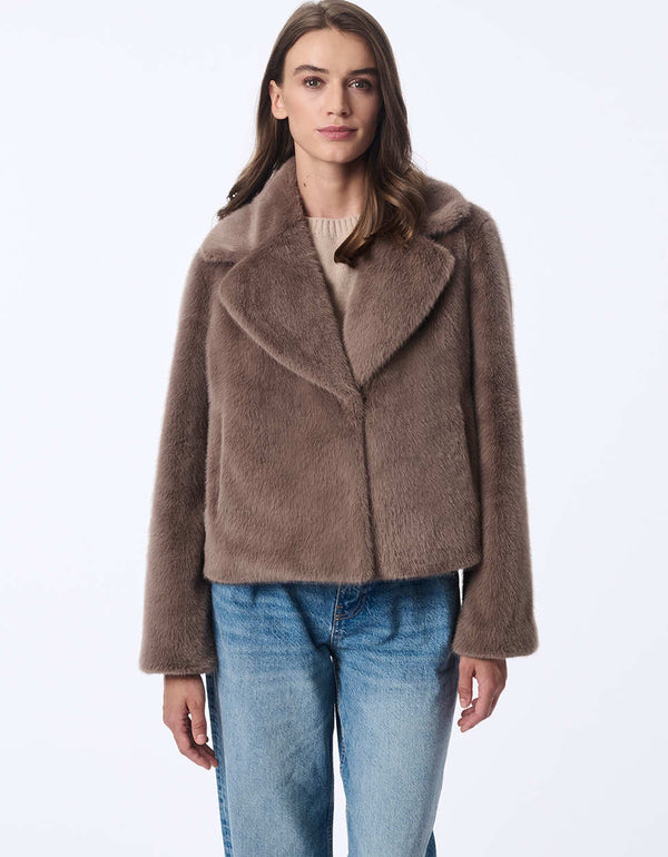 animal friendly plush taupe faur coat perfect for chic streetwear or high end layering