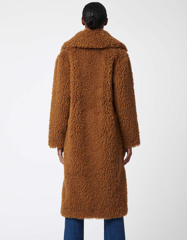 brown faux fur coat made from animal friendly fabrics with an oversized collar and below the knee length for women