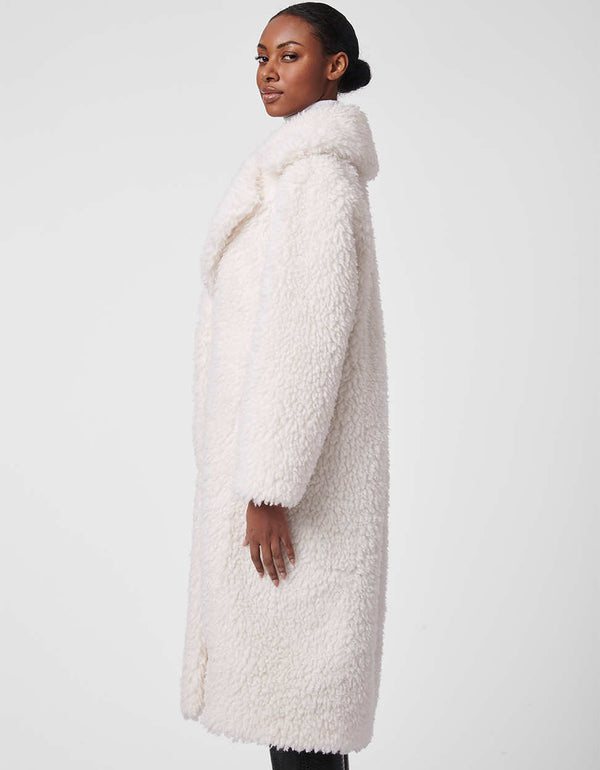 wide below the knee length modern faux fur coat in elegant white with an oversized spread collar