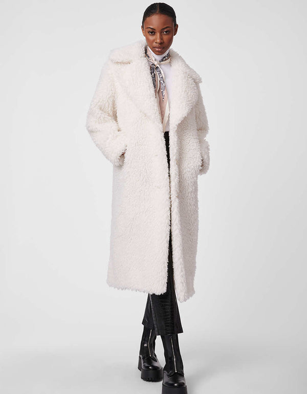 pure white faux fur coat for women made with animal friendly fabrics and oversized modern fit