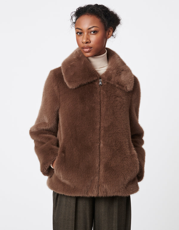 versatile and cozy brown faux fur jacket for women with a classic fit and oversized collar