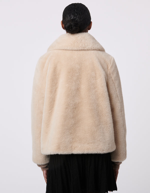 faux fur jacket for women with a zip up closure for women in oatmeal made from animal friendly fabrics