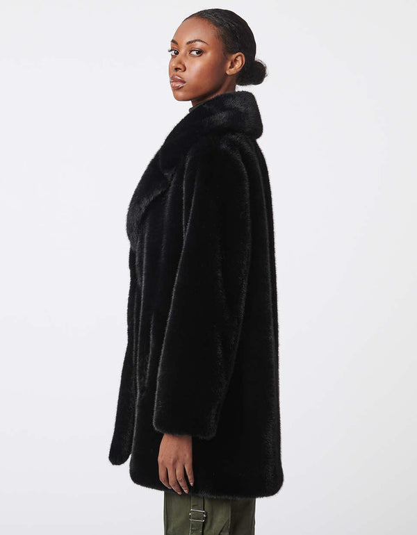 hip length soft texture buttoned up enclosure faux fur coat for women with two lined pockets