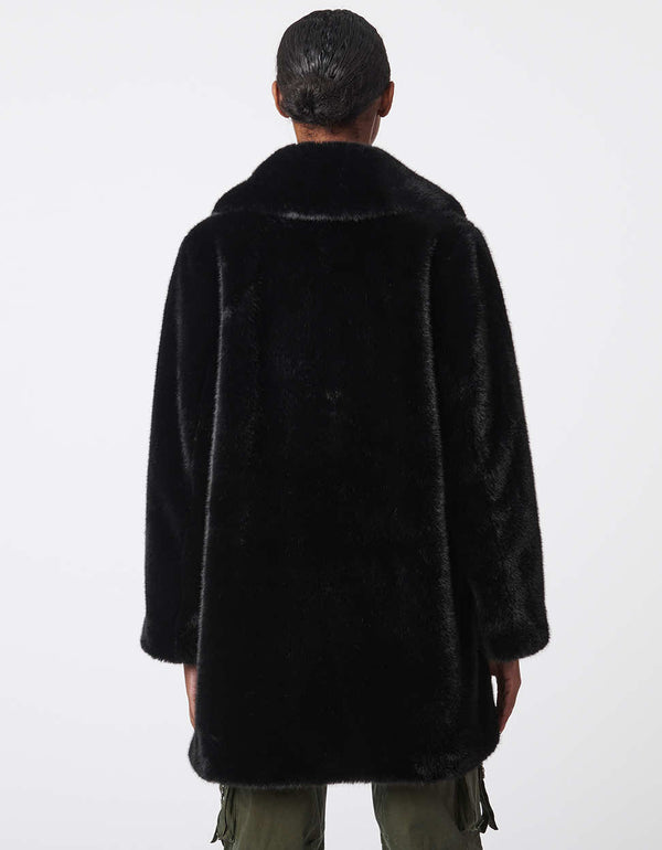 black textured button up enclosure faux fur coat for women made with animal friendly materials