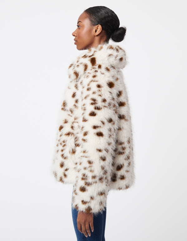 winter essential classic cut white soft texture faux fur coat with a brown speckled pattern for women