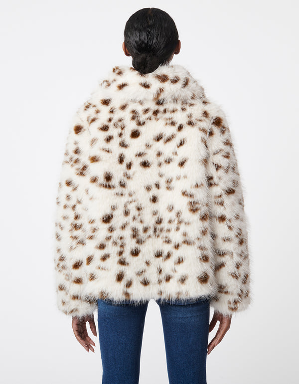 cozy warm faux fur coat in white and brown speckled pattern for women with an oversized collar