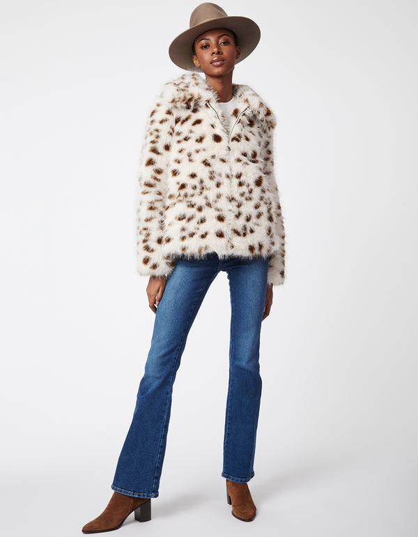 white zip up enclosure faux fur coat with a brown spotted pattern for women with a classic fit