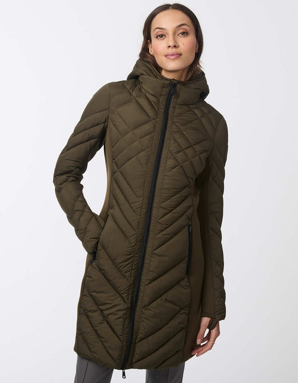 womens puffer walker with a mid length design removable hood and surprisingly light sustainable filler