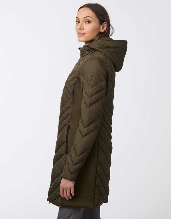 womens puffer walker with a mid length design removable hood and surprisingly light sustainable filler