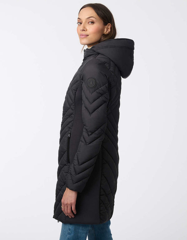 titan womens puffer walker with a mid length design removable hood and surprisingly light sustainable filler