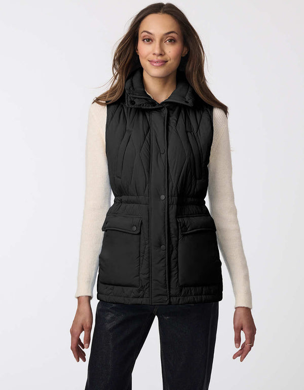 insulated and lightweight puffer vest in black with quilted stitching and buttoned pockets for women